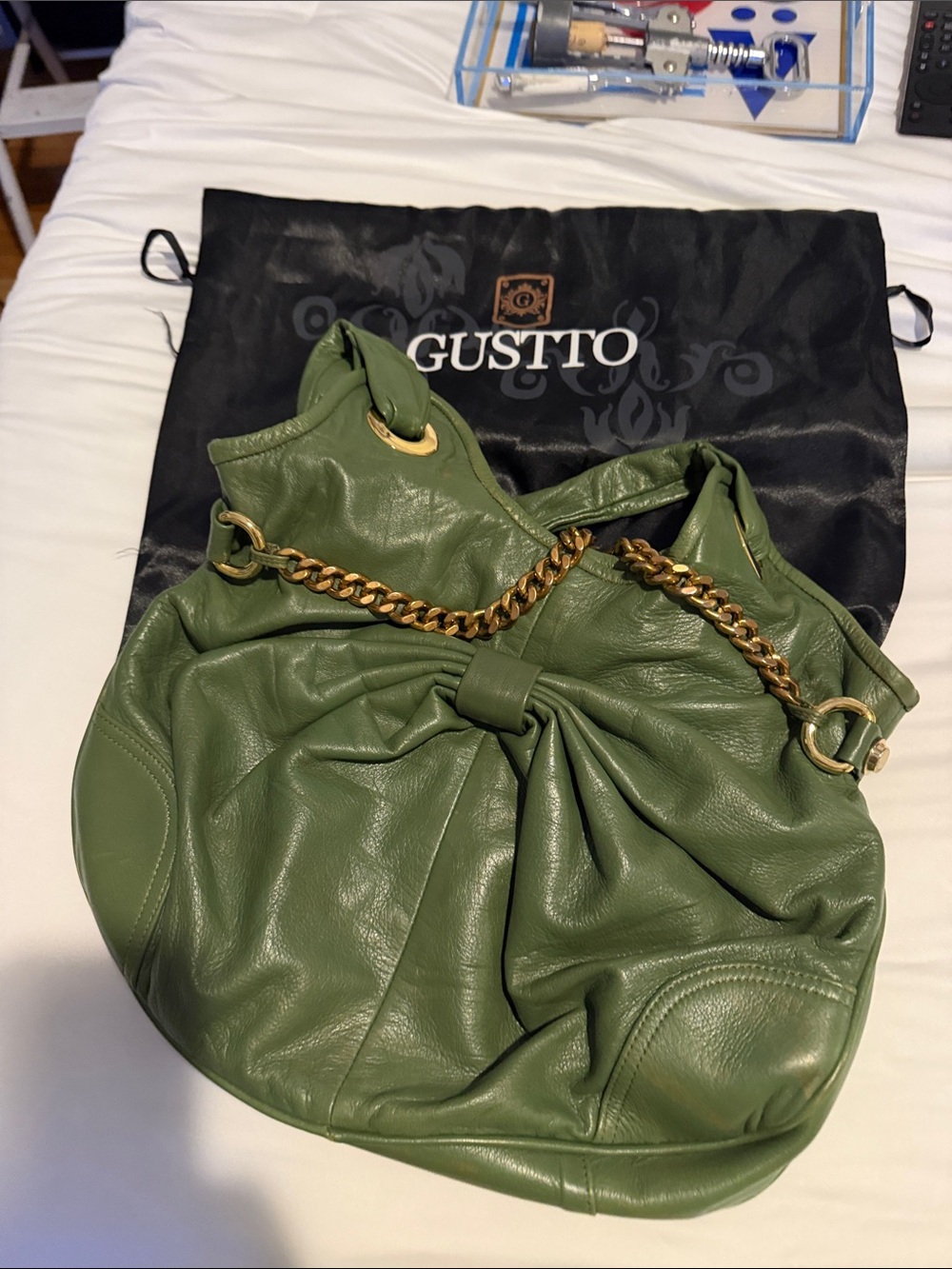Gustto Olive Green Leather Hobo with Gold Chain Strap